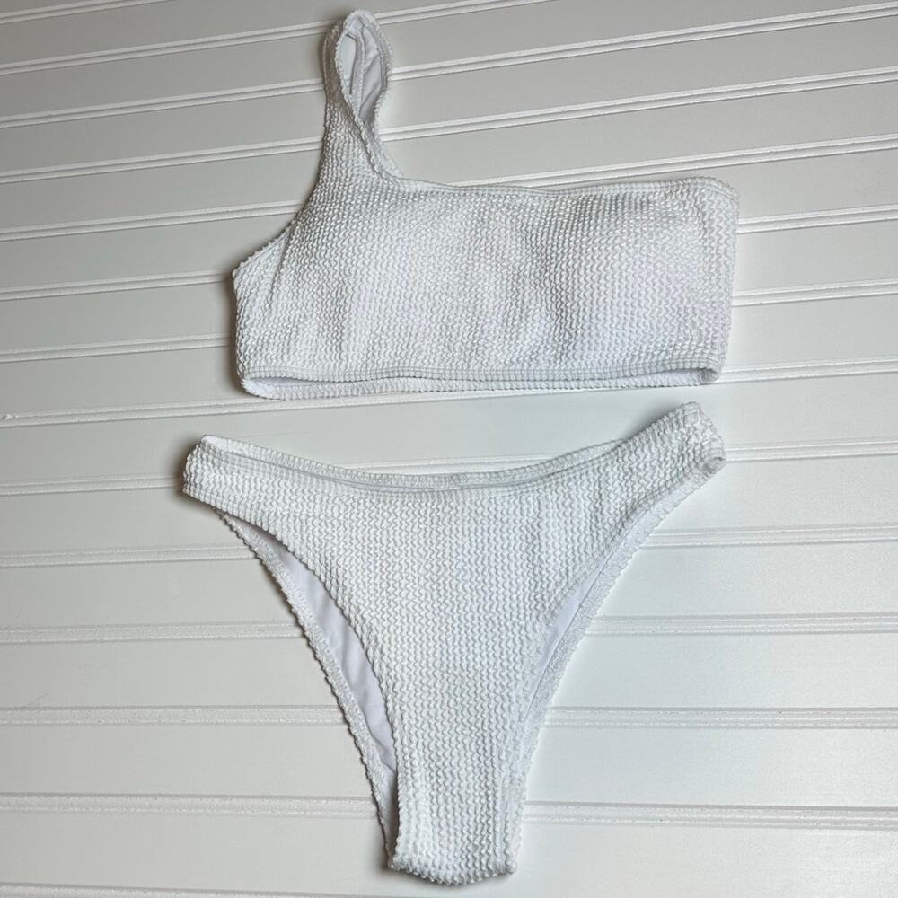 Women White One Shoulder Ribbed Bikini Set Textured High Cut Size Medium NWOT